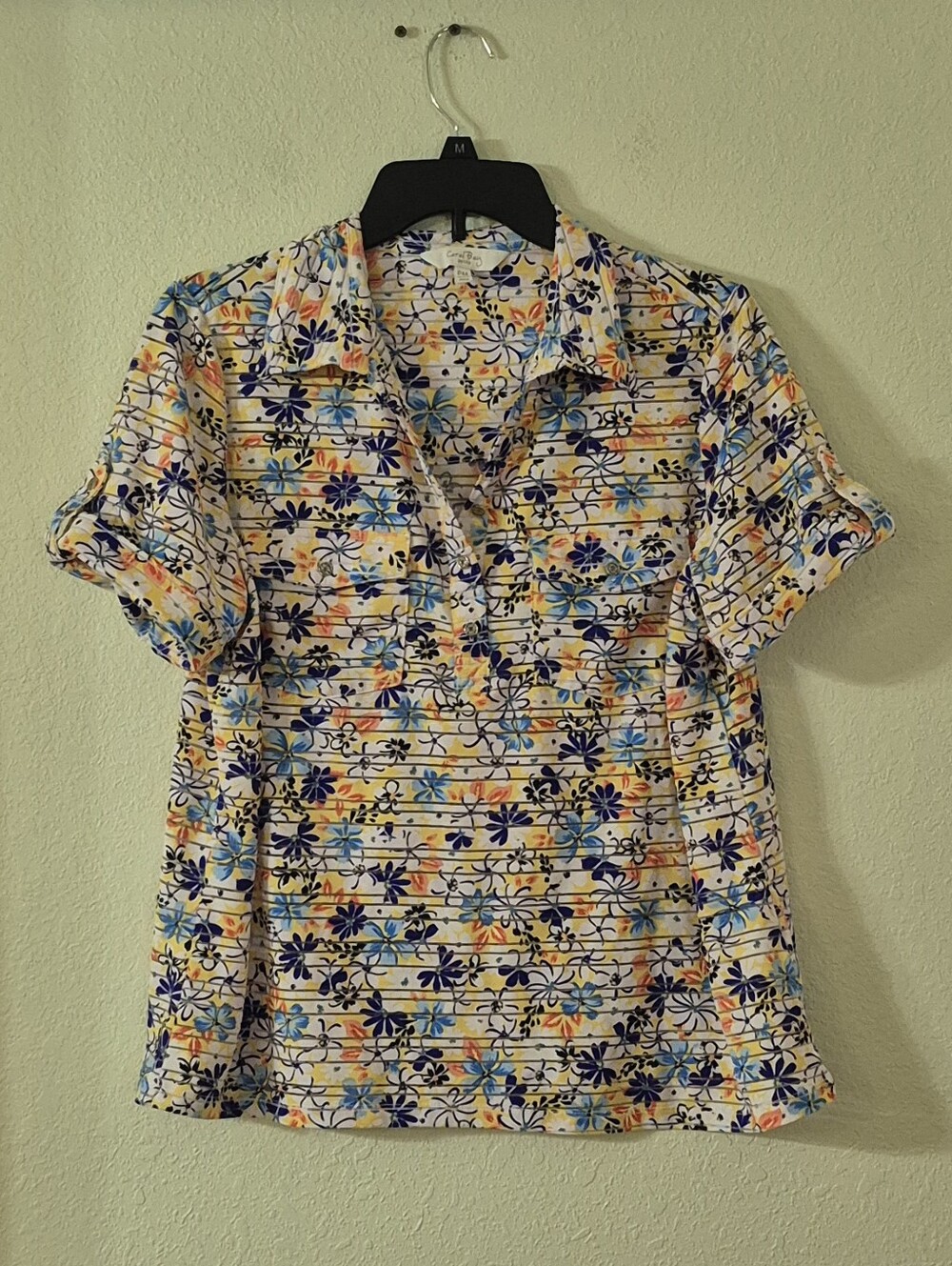 Coral Bay Floral Stripe Button-Down Top - White, Blue & Yellow